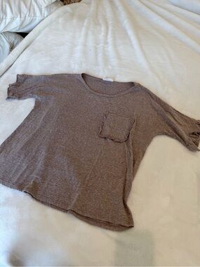 Peach Love California Brown Ruffle Sleeve Pocket Tee
